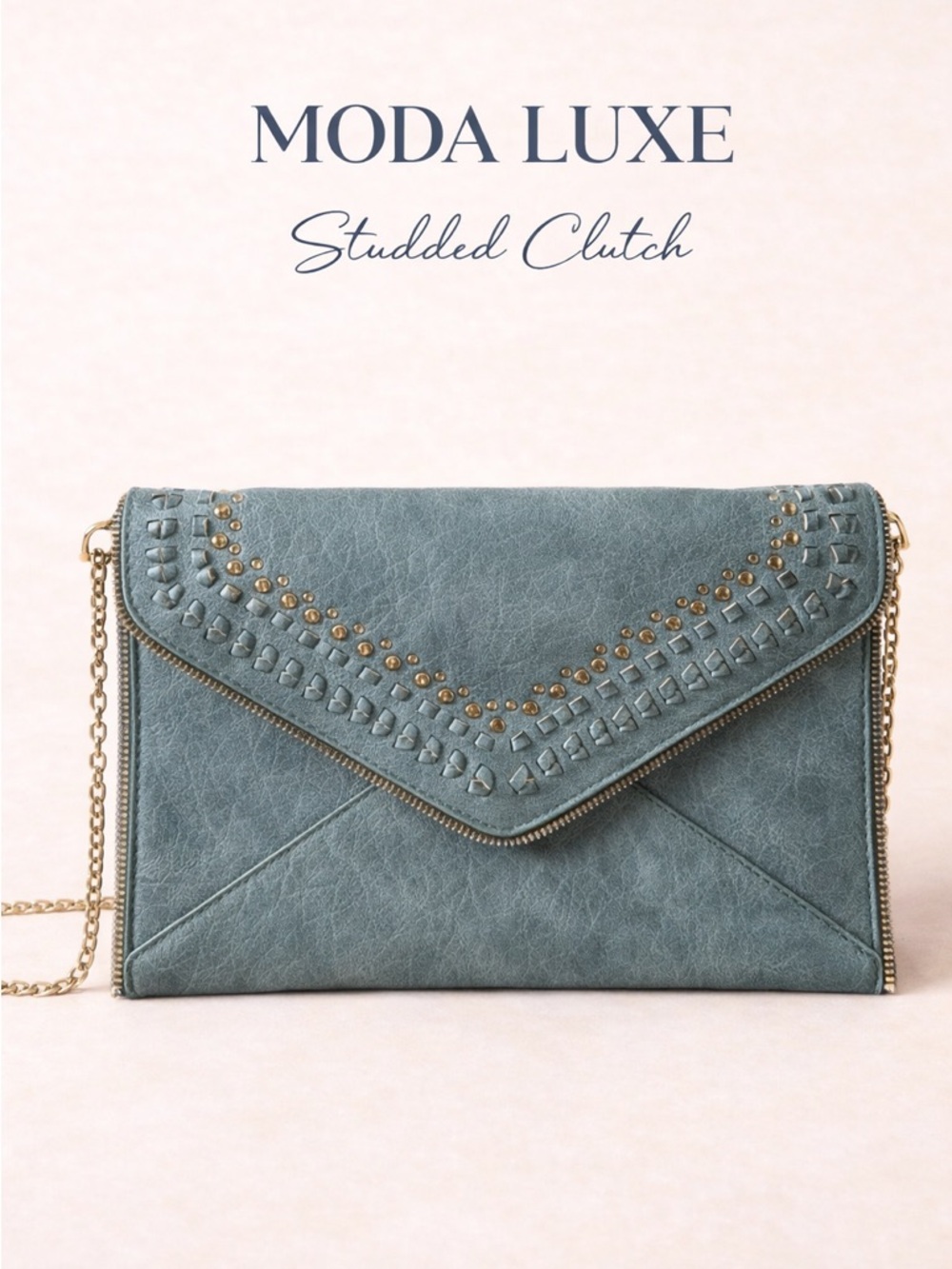 Moda Luxe Studded Envelope Clutch Crossbody Green Faux Leather Gold Chain Bag
